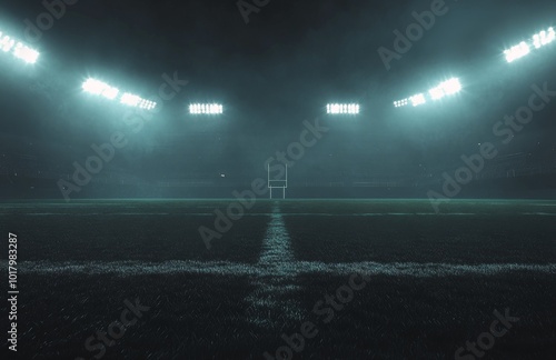 Nighttime view of an empty soccer field illuminated by floodlights in a foggy...