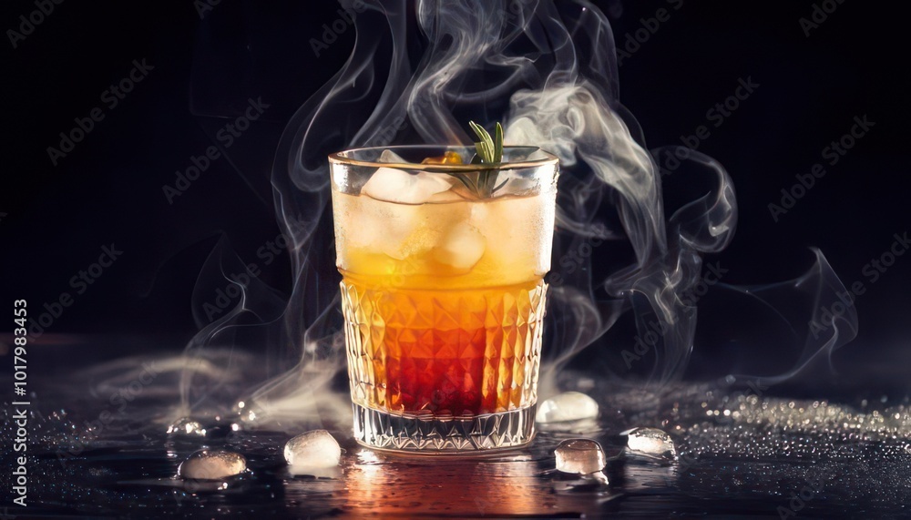 A refreshing cocktail served in a glass filled with ice cubes and a smoky effect, creating an enchanting atmosphere perfect for social gatherings or relaxation. A refreshing cocktail served in a glass filled with ice cubes and a smoky effect, creating an enchanting atmosphere perfect for social gatherings or relaxation.