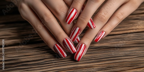 Festive red and white striped nails with glitter accents on a wooden table ba...