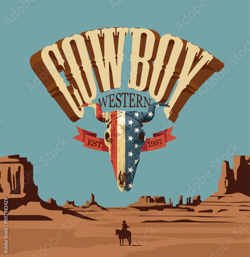 Wild West banner with a bull skull  with flag USA and Western landscape. Vector vintage illustration with the lettering Cowboy on the background of hot prairie with silhouette of lone rider on horse