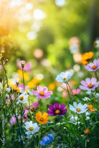 Colorful wildflowers blooming in a sunlit garden during springtime