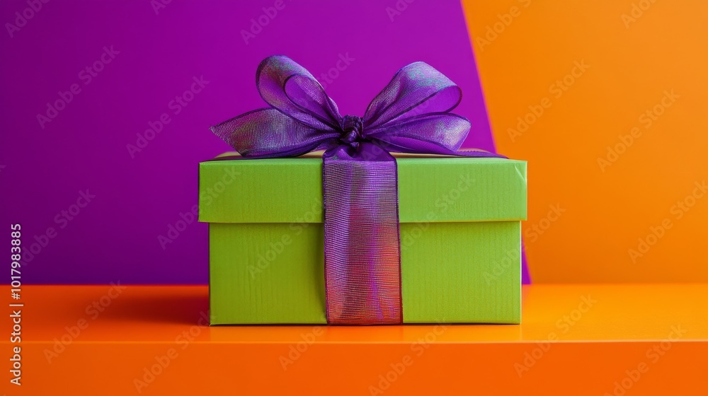 Obraz premium Vibrant Green Cardboard Box Topped with a Purple Bow Against a Violet Backdrop
