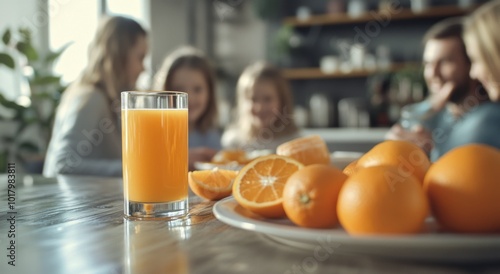 Friends enjoying breakfast with fresh orange juice and fruit on a cozy mornin...