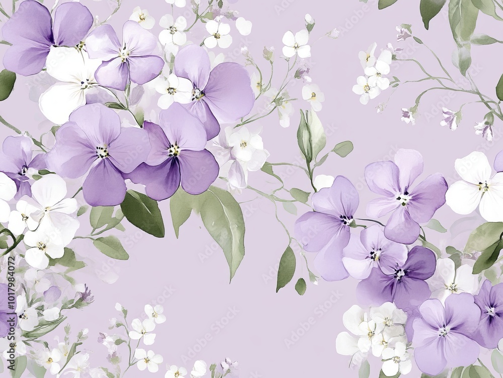 Fototapeta premium Seamless pattern of beautiful floral pattern featuring purple and white flowers on a soft lavender background.