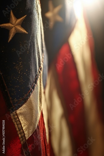 American flag illuminated by sunlight, showcasing rich colors and detailed st...