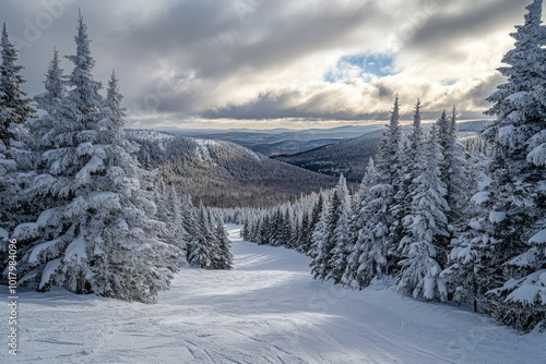 Snow-covered winter landscape with tall trees and distant mountains under a c...