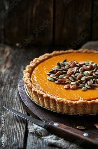 Delicious pumpkin pie with nuts and seeds on a rustic wooden table in autumn