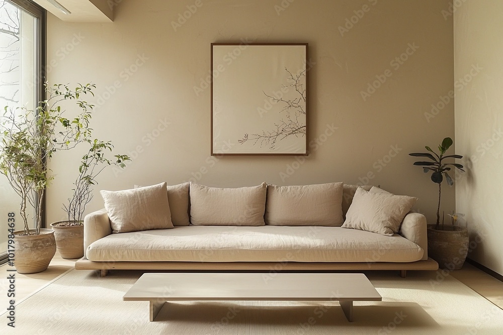 Minimalist, a modern japandi interior photo of a living room with light basil walls with art frames and a sofa and table. Generative AI
Minimalist, a modern japandi interior photo of a living room with light basil walls with art frames and a sofa and table. Generative AI