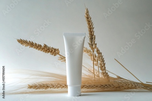 Minimalist skincare display with natural elements and soft lighting in a sere...