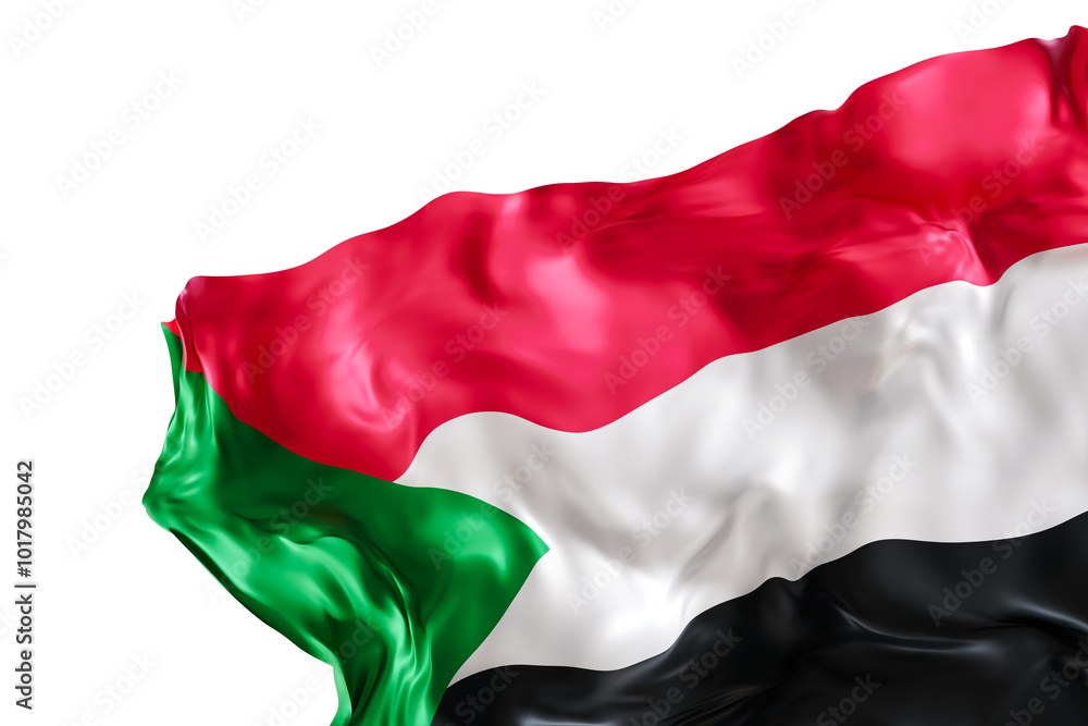 Realistic flag of Sudan with folds, on transparent background. Footer, corner design element. Cut out. Perfect for patriotic themes or national event promotions. 3D render. Realistic flag of Sudan with folds, on transparent background. Footer, corner design element. Cut out. Perfect for patriotic themes or national event promotions. 3D render.