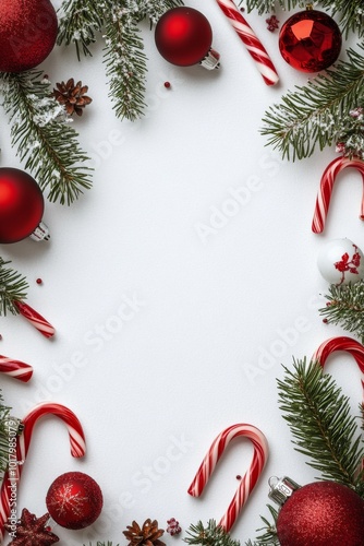 Festive holiday decor with red ornaments, candy canes, and evergreen branches