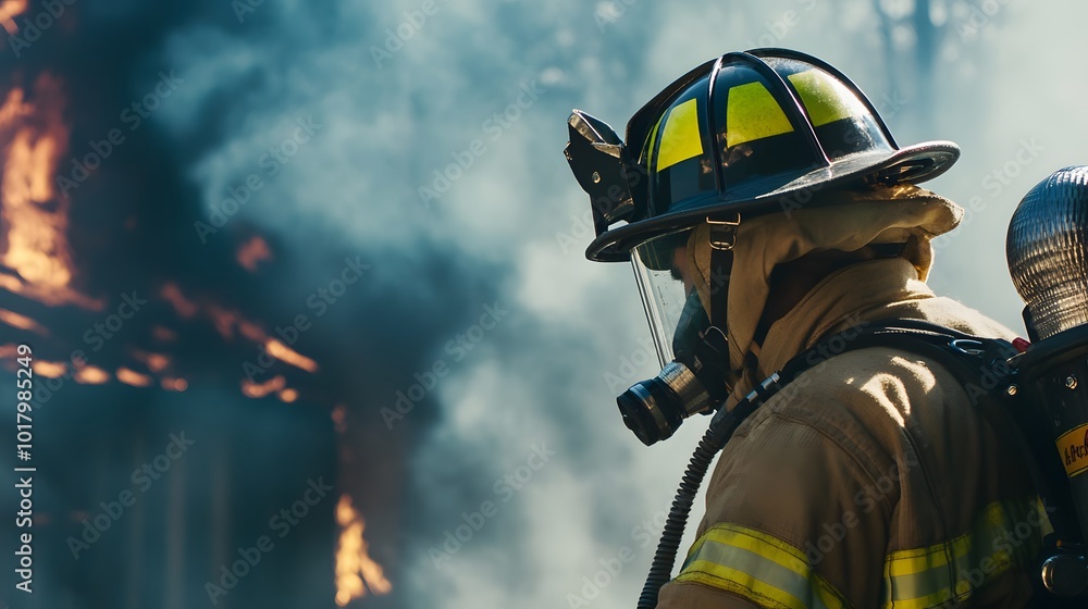 Fototapeta premium A firefighter in full gear stands in front of a burning building.