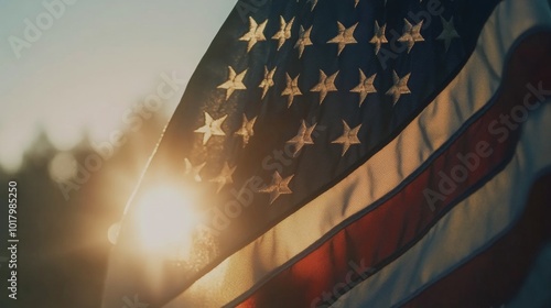 American flag waving in the sunlight among trees during golden hour in a sere...