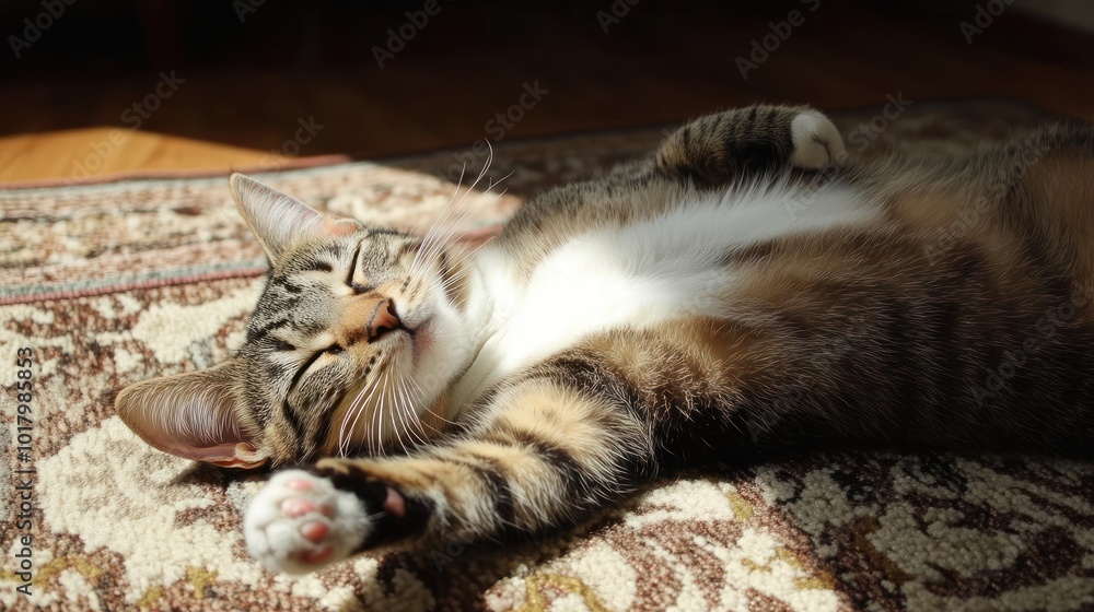 A relaxed cat lounging on a patterned rug in warm sunlight. A relaxed cat lounging on a patterned rug in warm sunlight.