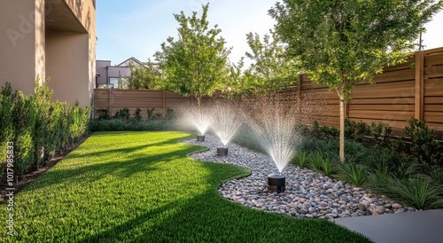 Lawn irrigation in a modern garden at sunset with fresh grass and lush greene...