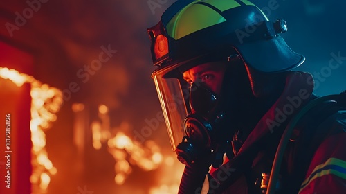 A firefighter wearing a mask and helmet stands in front of a burning building, the heat of the fire illuminating his face.