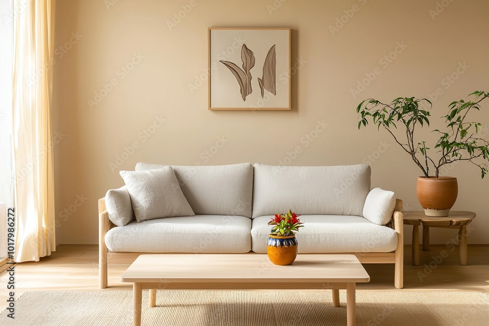 Minimalist, modern japandi interior photo of a living room with beige-lined walls and sofas. Generative AI
Minimalist, modern japandi interior photo of a living room with beige-lined walls and sofas. Generative AI