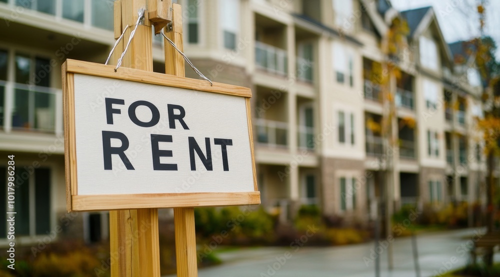 Obraz premium Apartment for rent sign placed near well-maintained residential building in a lively neighborhood