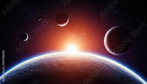  Sunrise over group of planets in space photo