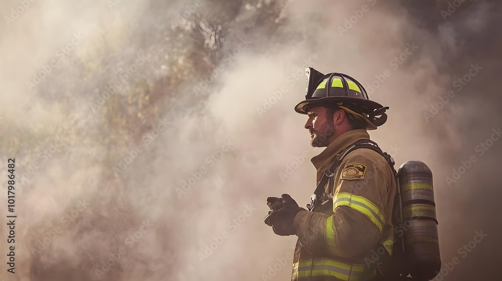 Fototapeta premium A firefighter in full gear stands with a serious expression, smoke billowing behind him.