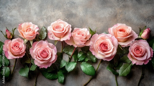 Beautiful pink roses in full bloom against a textured golden background in a ...