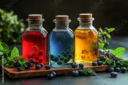 bottles of different colored liquids on a wooden board. One is blue, one is red. Three colorful glass bottles filled with herbal syrups, surrounded by fresh mint leaves on a dark background.