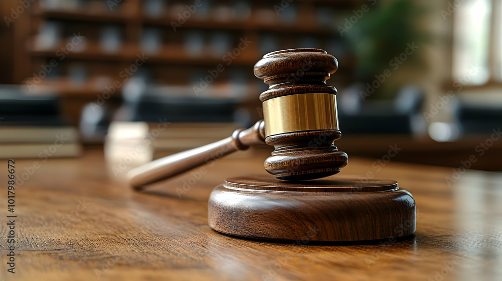 A wooden gavel resting on a table in a courtroom setting. A wooden gavel resting on a table in a courtroom setting.