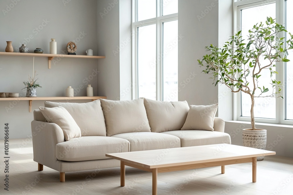 Minimalist, a modern japandi interior photo of a living room with windows and a sofa and table. Generative AI
Minimalist, a modern japandi interior photo of a living room with windows and a sofa and table. Generative AI