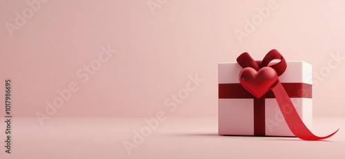 White gift box with a red heart-shaped bow on a soft pink background for a ro...