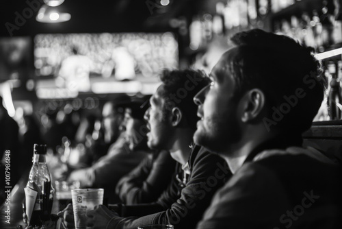 People at sports bar, watching game, enjoying drinks, lively ambiance. Friends gather at a bar, engrossed in an exciting sports game. Image for banner design. photo