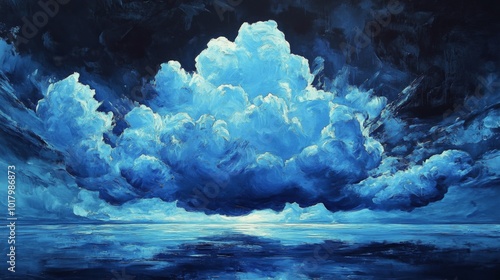 Bright blue sky filled with fluffy clouds over a tranquil ocean during daylight