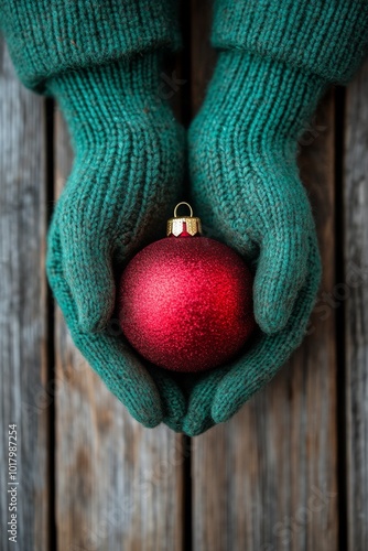 Warm hands holding a shiny red Christmas ornament on rustic wooden background...