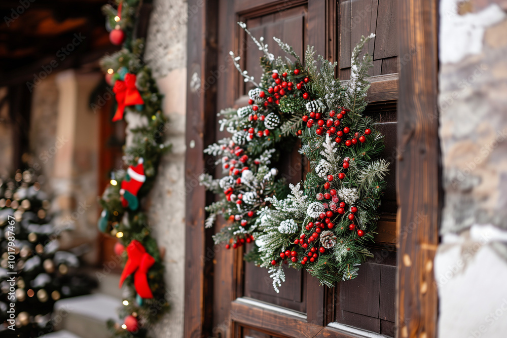 Fototapeta premium Christmas Wreath hanging on house door as festive decoration with red bows and balls celebrating family traditions during holiday season