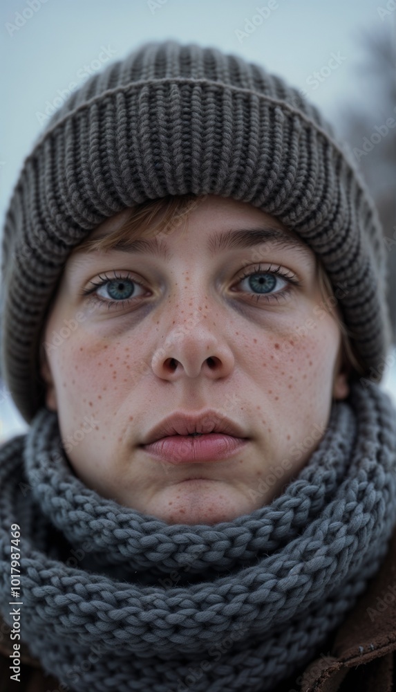 Close-up of a tired young man with a scarf on an overcast winter day, showcasing fatigue from cold weather Close-up of a tired young man with a scarf on an overcast winter day, showcasing fatigue from cold weather