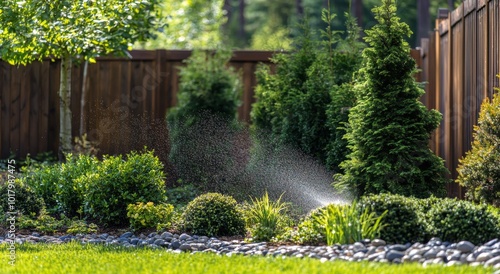 Sprinkler watering lush garden with vibrant greenery and landscaped rocks dur...