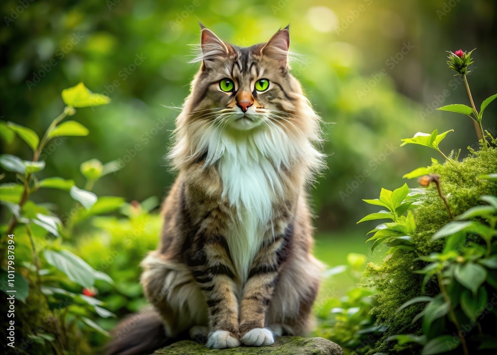 Majestic Norwegian Forest Cat Sitting Gracefully Among Lush Greenery in a Serene Natural Setting Majestic Norwegian Forest Cat Sitting Gracefully Among Lush Greenery in a Serene Natural Setting