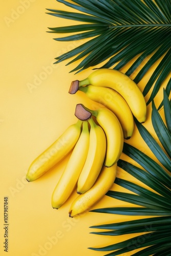 Fresh bananas arranged with tropical leaves against a vibrant yellow background