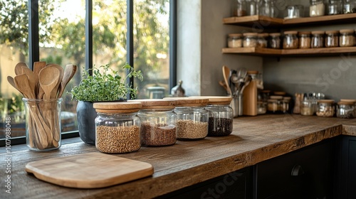 Organized kitchen shelving showcasing jars and containers filled with various...