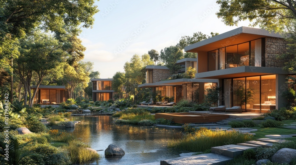 Modern houses surrounded by lush greenery and tranquil water. Modern houses surrounded by lush greenery and tranquil water.