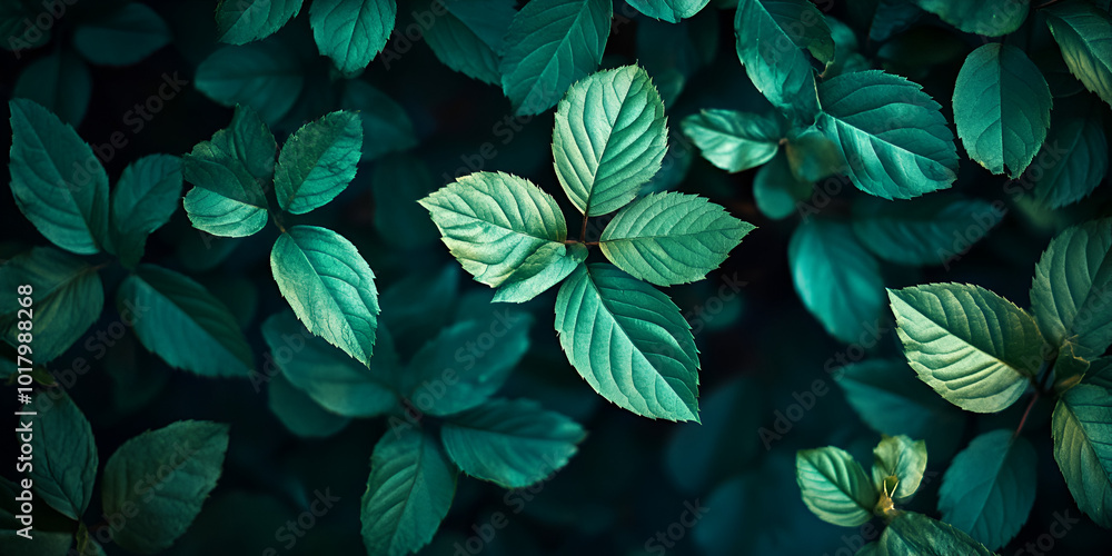 Emerald Canopy: Intense Green Leaves Against a Dark Wooded Background Emerald Canopy: Intense Green Leaves Against a Dark Wooded Background