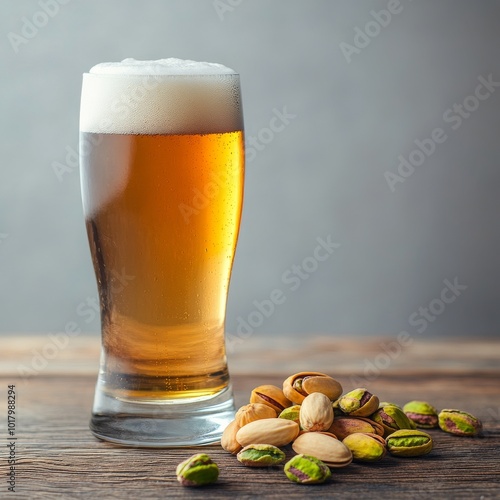 Refreshing golden beer served with a scattered pile of salty pistachios on a ...