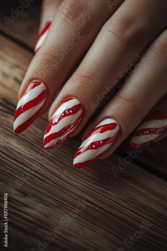 Elegant red and white striped nails displayed on a rustic wooden table during...