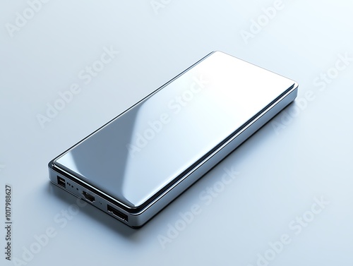 A slim external SSD with a metallic finish, displayed on a bright neutral background.