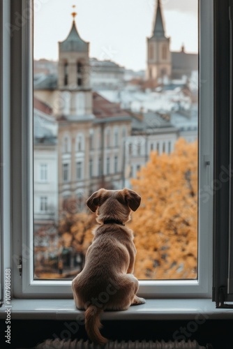 A dog gazes out the window at a cityscape with historic buildings on a cloudy...