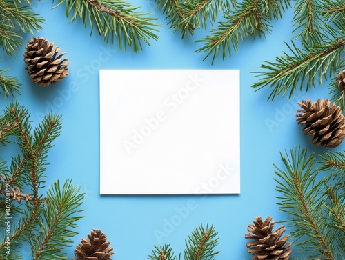 Holiday-themed blank card surrounded by pine branches and pine cones on a blu...