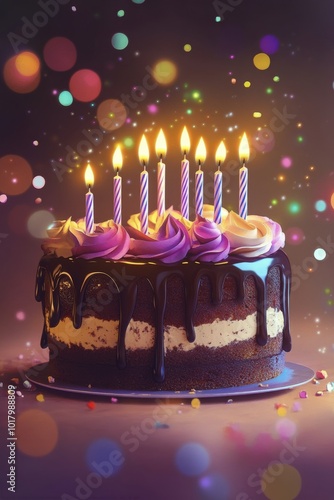 A beautifully decorated chocolate birthday cake with glowing candles at an ev...