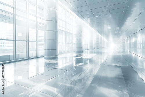 A modern, spacious hallway with glossy white tiles and large glass windows. The bright, reflective surfaces create a clean and futuristic atmosphere, with natural light flooding in from outside.