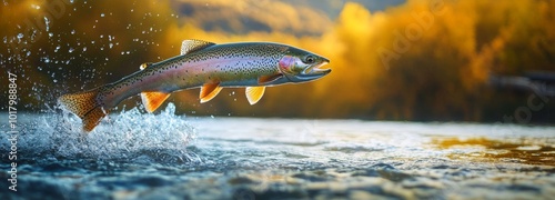 A rainbow trout leaps from the water in a tranquil river during sunset, surro...