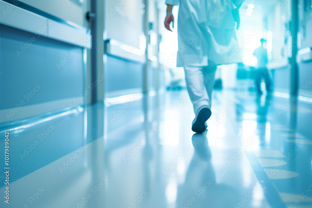 A healthcare professional in a white coat walking down a hospital corridor. The floor is shiny and reflects the light, creating a bright and clean atmosphere. medical staff, busy hospital environment. A healthcare professional in a white coat walking down a hospital corridor. The floor is shiny and reflects the light, creating a bright and clean atmosphere. medical staff, busy hospital environment.