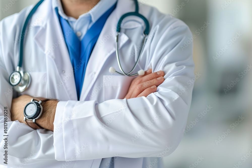 A close-up of a doctor in a white coat with arms crossed, wearing a stethoscope around the neck. The background is blurred, medical environment. A close-up of a doctor in a white coat with arms crossed, wearing a stethoscope around the neck. The background is blurred, medical environment.